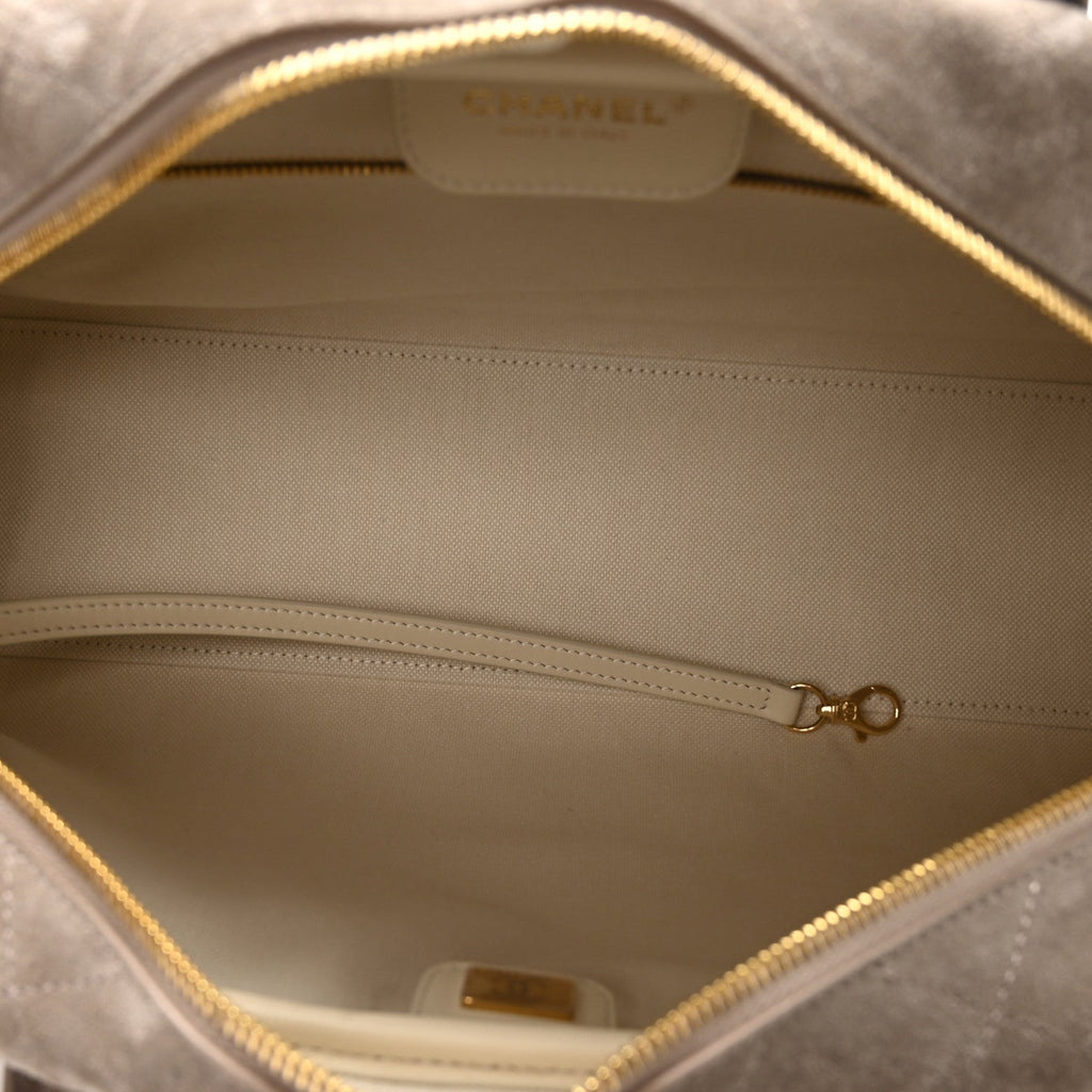 Suede Calfskin Large Perfect Bowling Bag Dark Beige