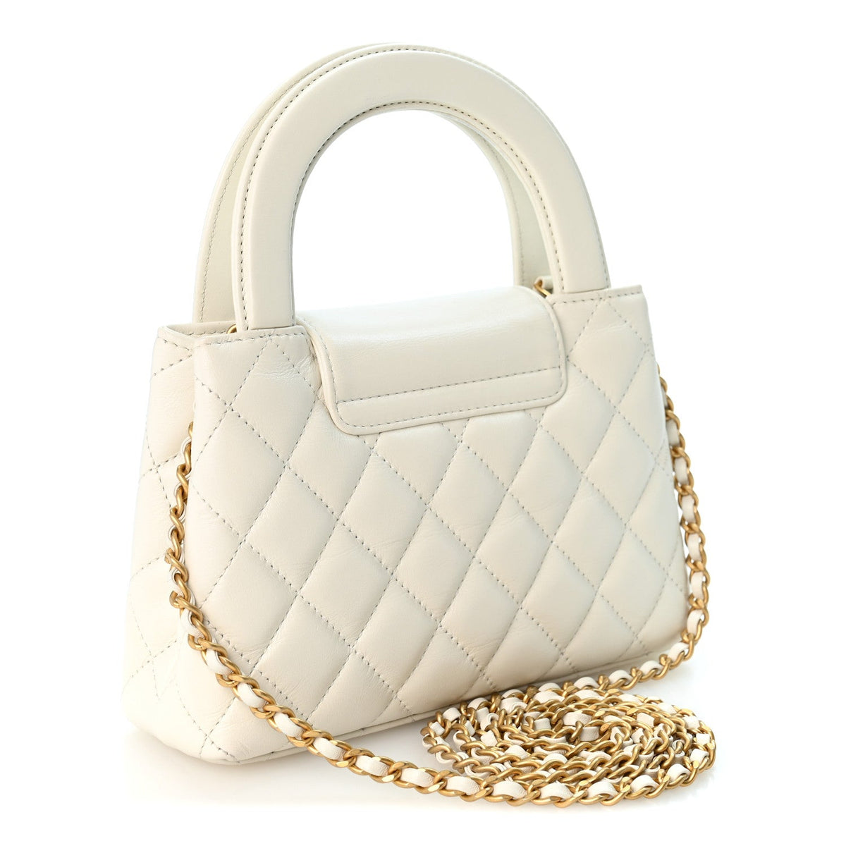 Shiny Aged Calfskin Quilted Nano Kelly Shopper White