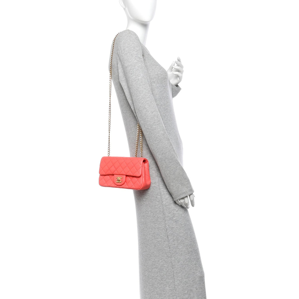 Lambskin Quilted Mini Rectangular Sweet Camellia Flap Coral