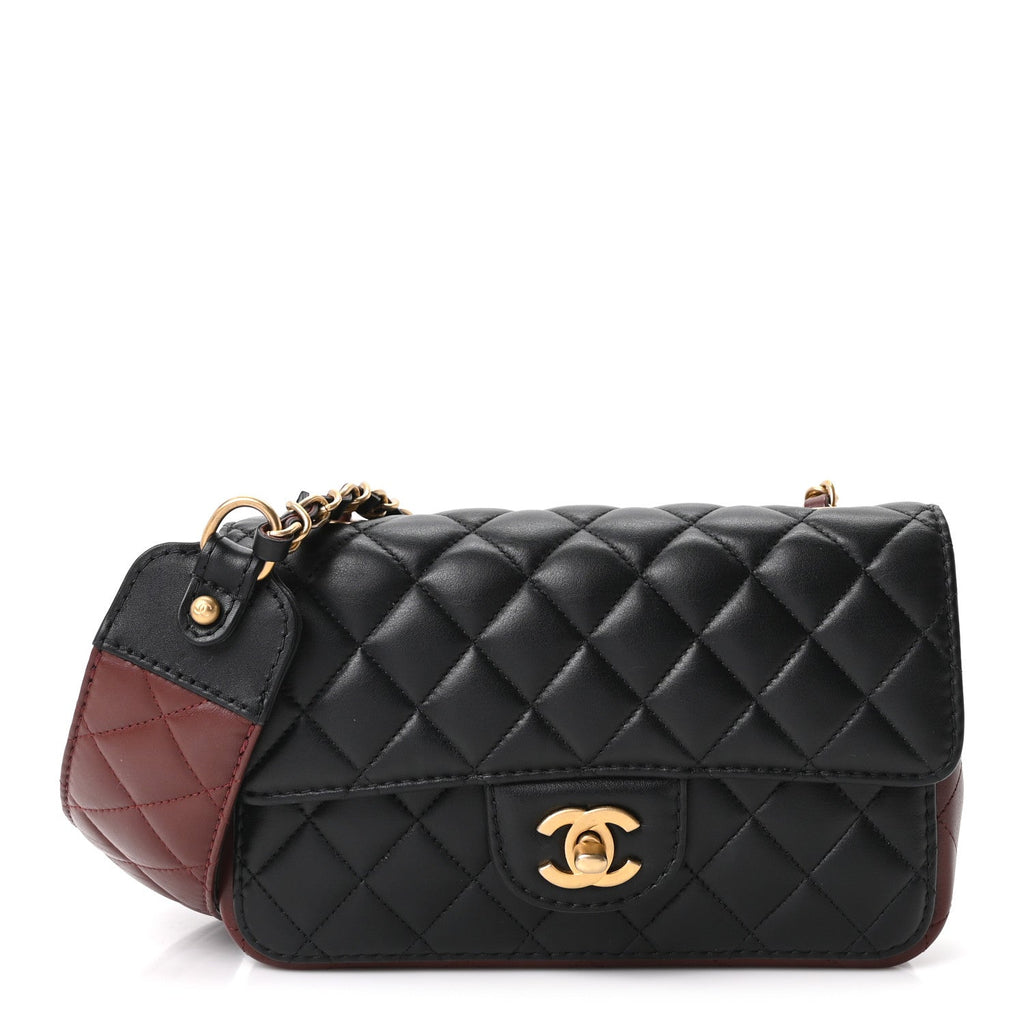 Calfskin Quilted Small Strap Into Flap Bag Black Burgundy