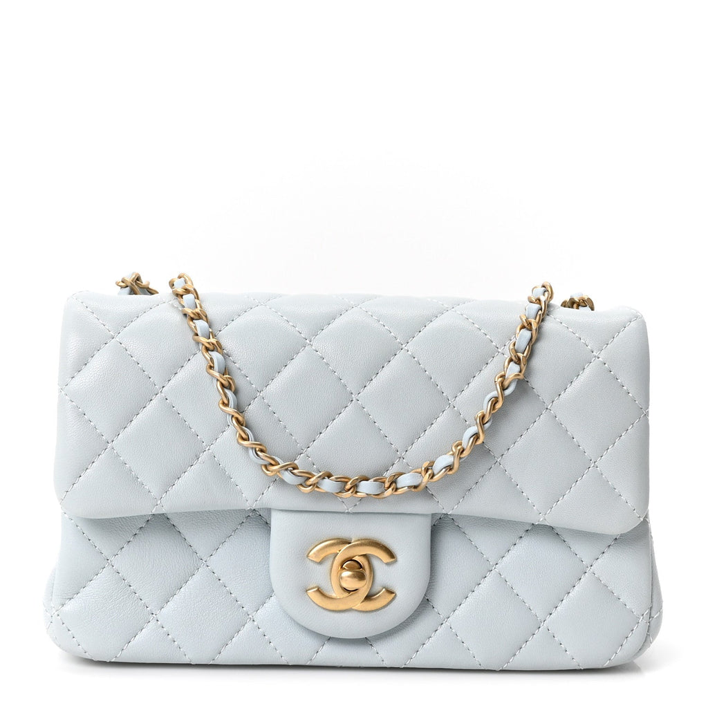 Lambskin Quilted Mini Rectangular Pearl Crush Flap Light Blue