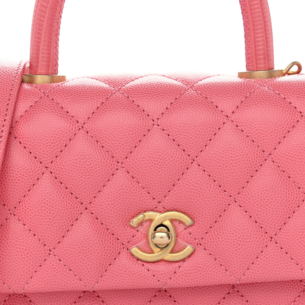 Caviar Lizard Embossed Quilted Mini Coco Handle Flap Pink