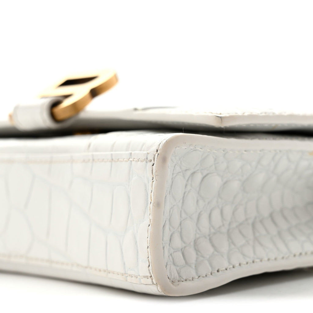 Shiny Calfskin Crocodile Embossed Hourglass Chain Bag White