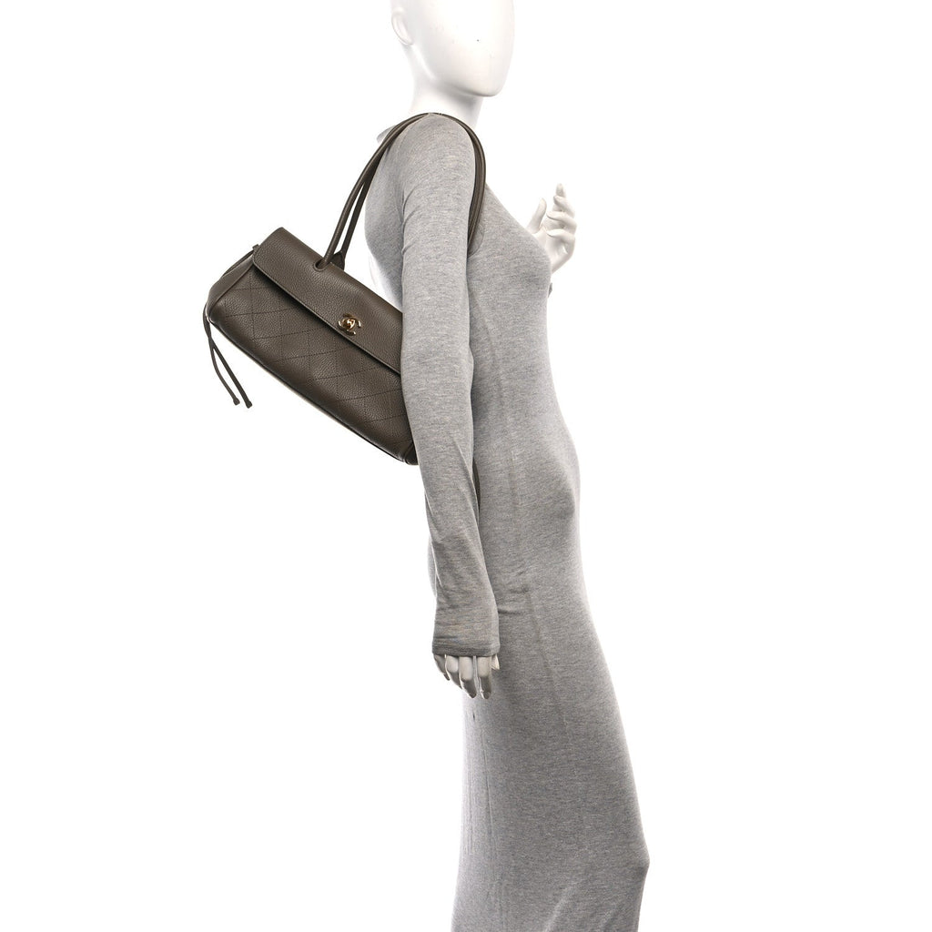 Grained Calfskin Stitched Urban Essentials Small Shopping Bag Dark Khaki