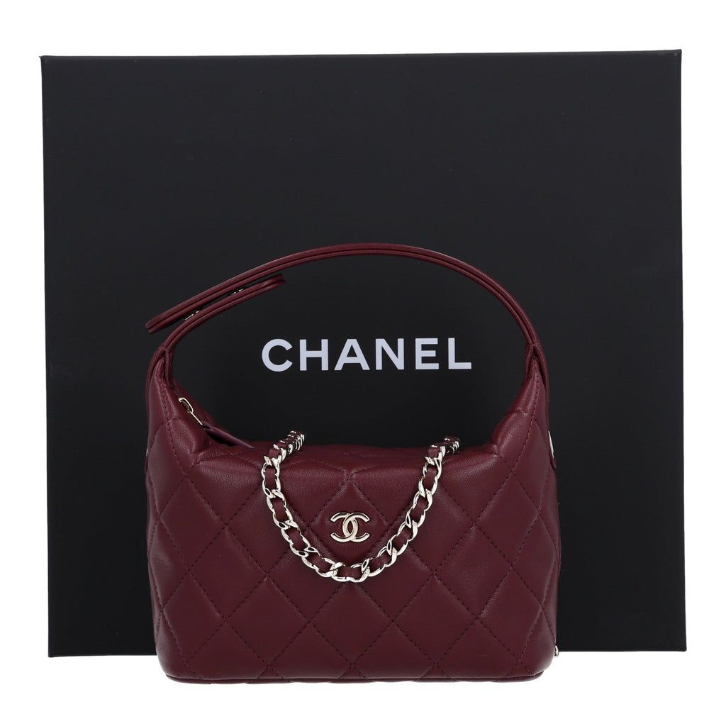 Lambskin Quilted Hobo Clutch With Chain Dark Burgundy