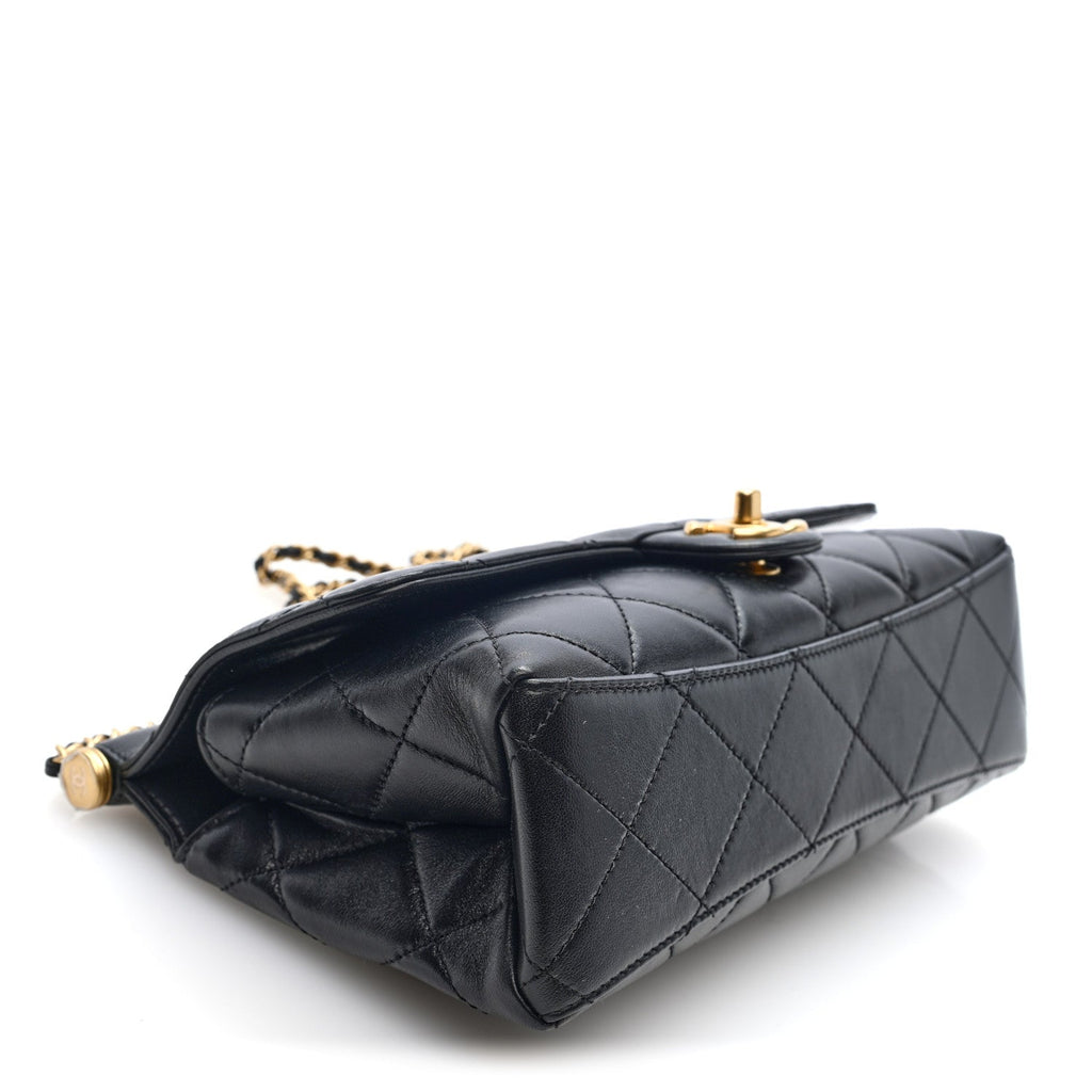 Shiny Lambskin Pearl Top Handle Flap Shopping Bag Black