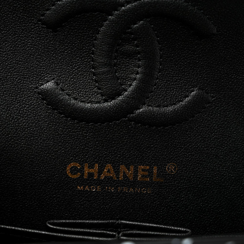 Calfskin Quilted Logo CC Printed Small Double Flap Black White