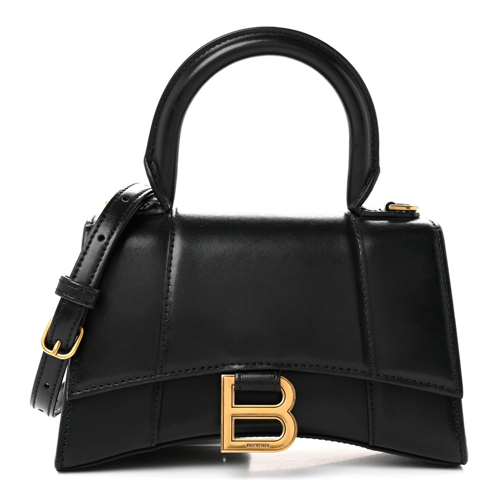 Shiny Box Calfskin Hourglass Top Handle Bag XS Black