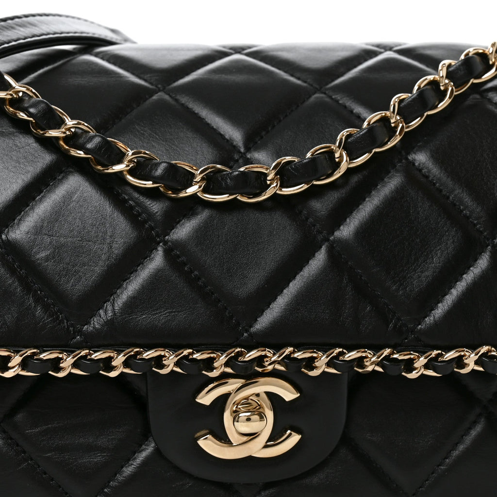 Crumpled Calfskin Medium Chain All Over Flap Black