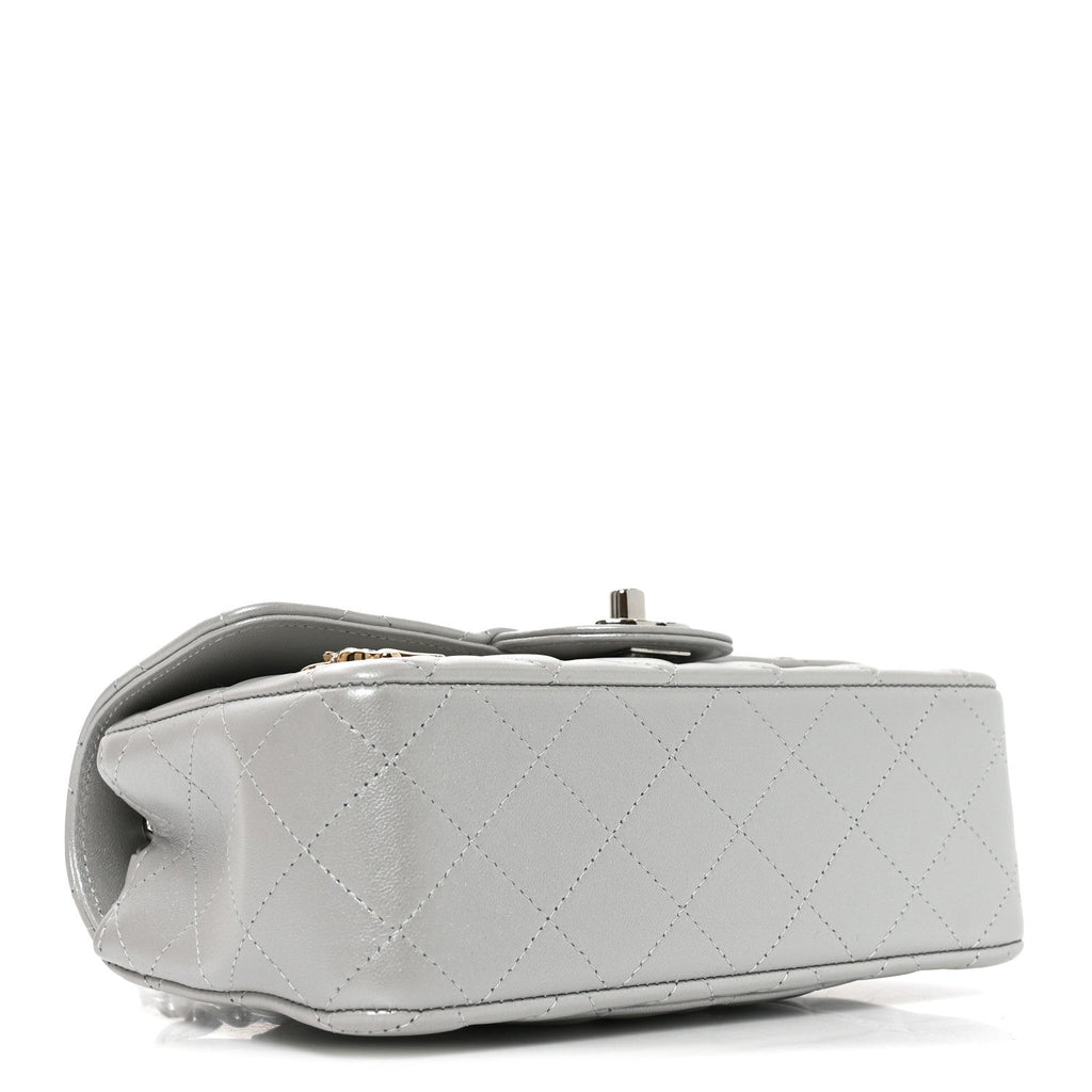 Metallic Lambskin Quilted Space Charms Mini Rectangular Flap Silver