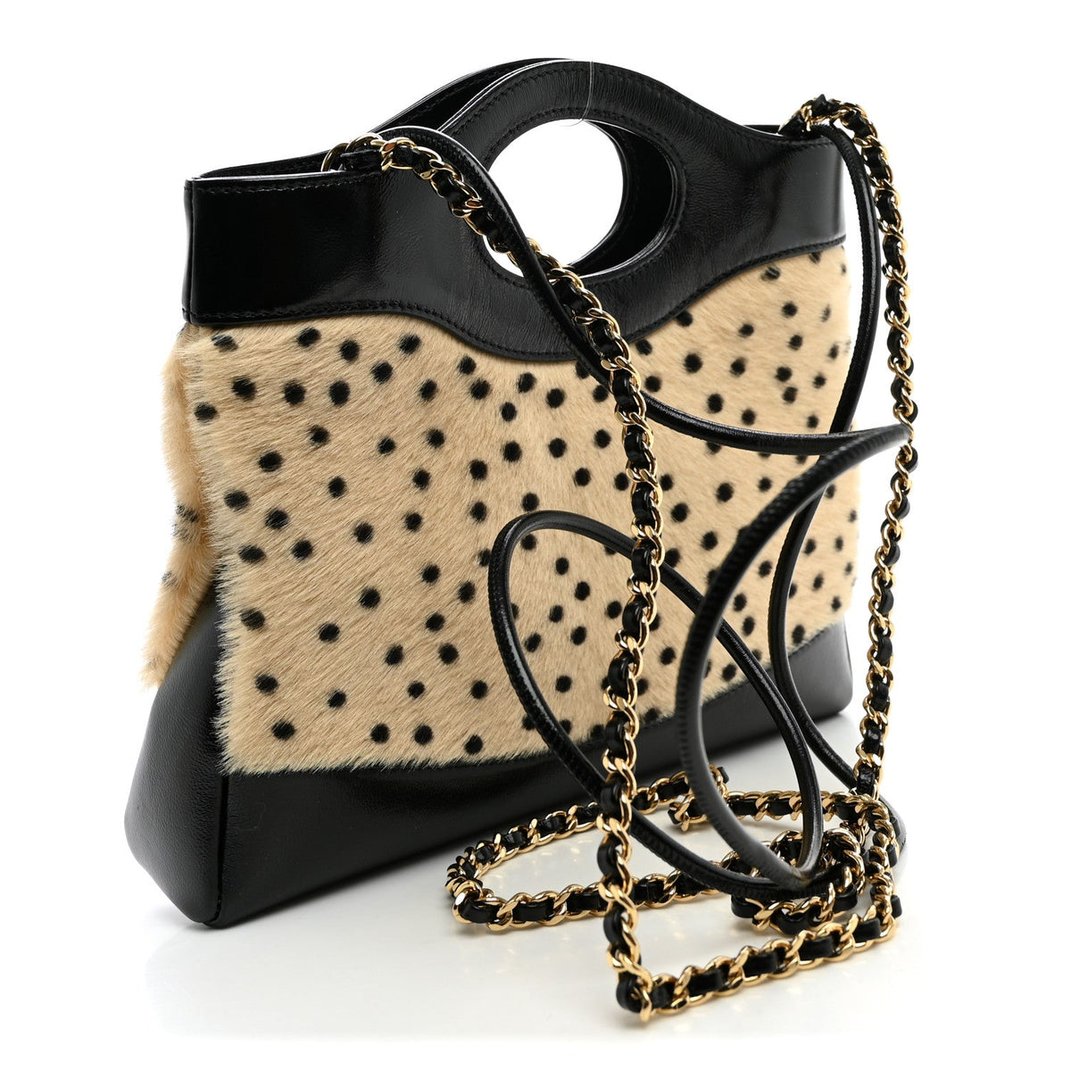 Shiny Lambskin Pony Hair Cheetah Printed Mini 31 Shopping Bag Light Beige Black