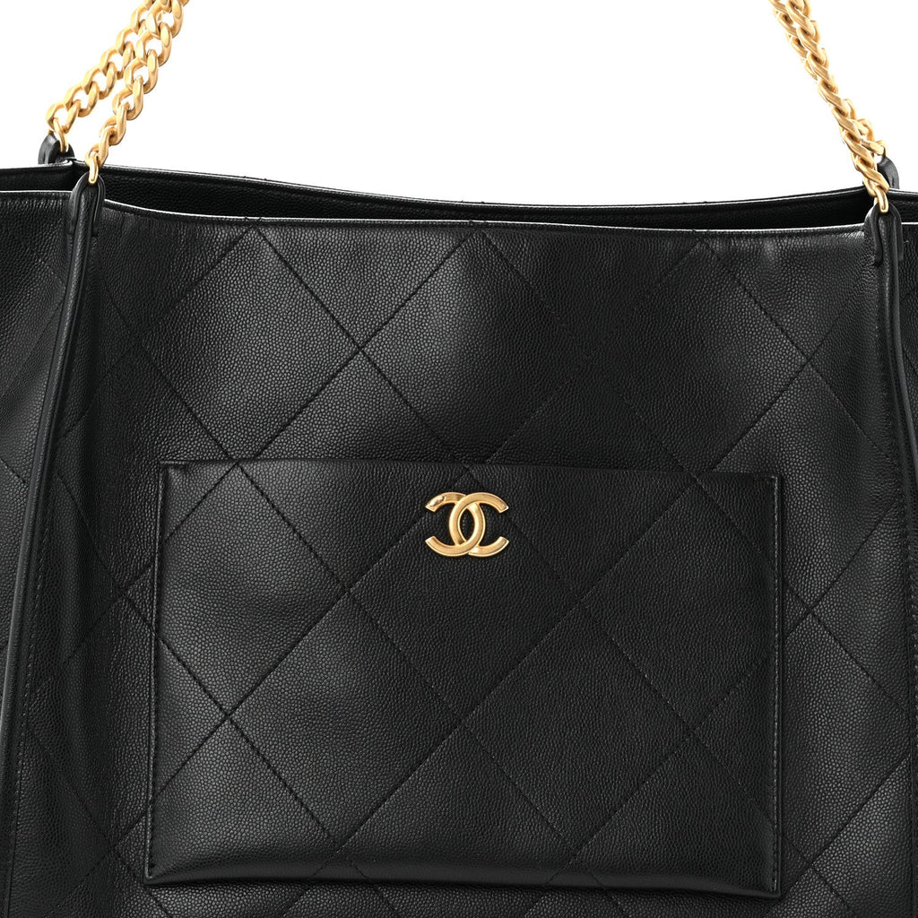 Caviar Stitched Pocket CC Large Tote Black