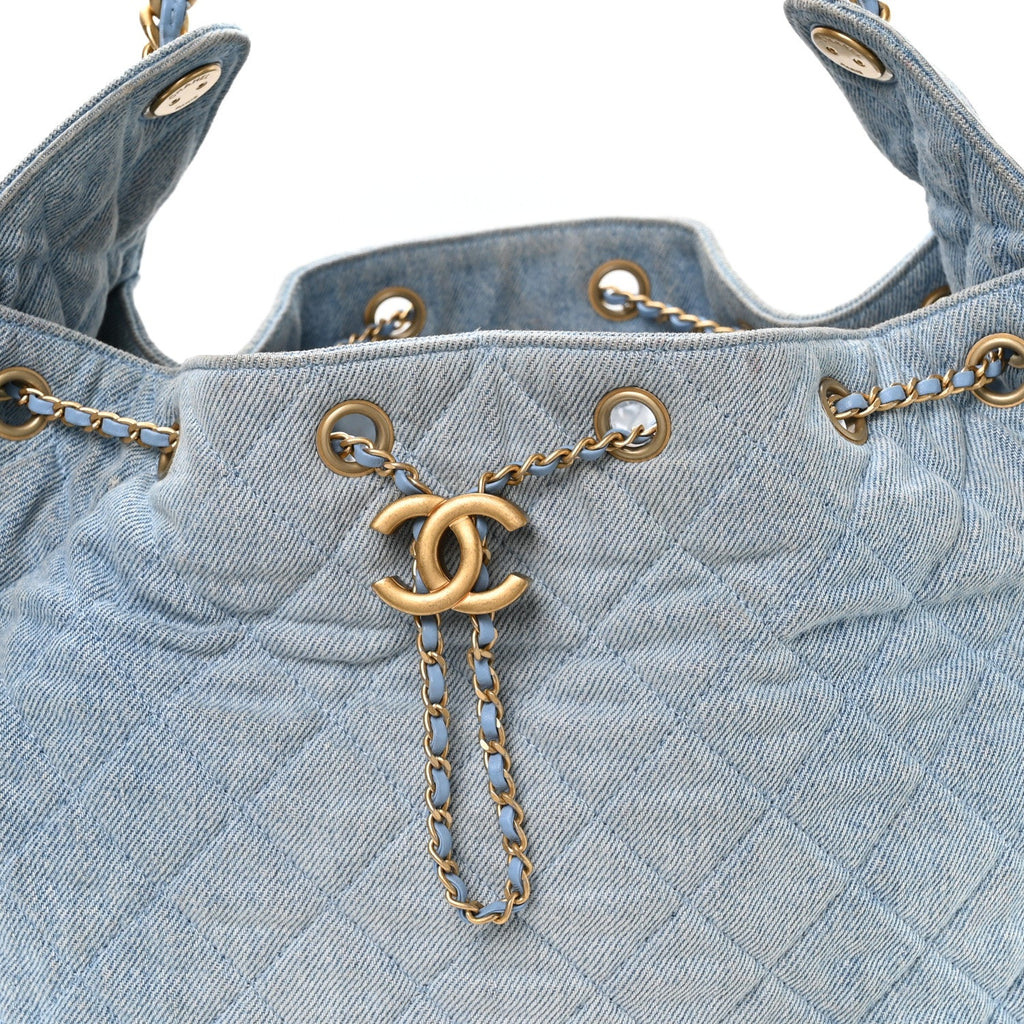 Washed Denim Quilted Medium Chanel 25 Handbag Blue