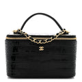 Calfskin Crocodile Embossed Crococo Small Top Handle Vanity Case With Chain Black