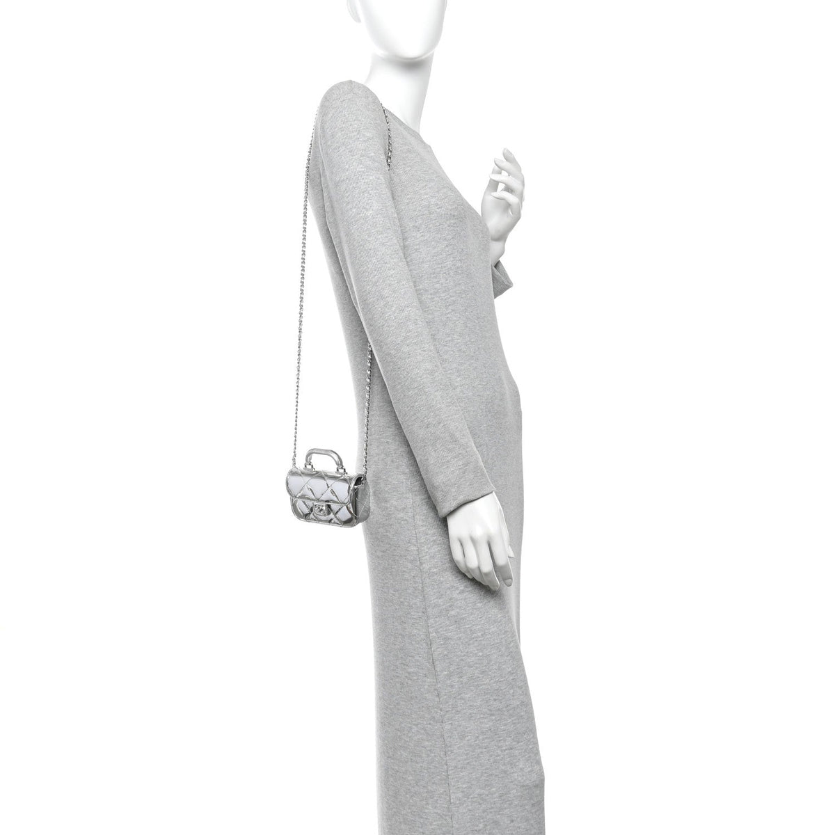 Mirror Calfskin Small Top Handle Clutch With Chain Silver