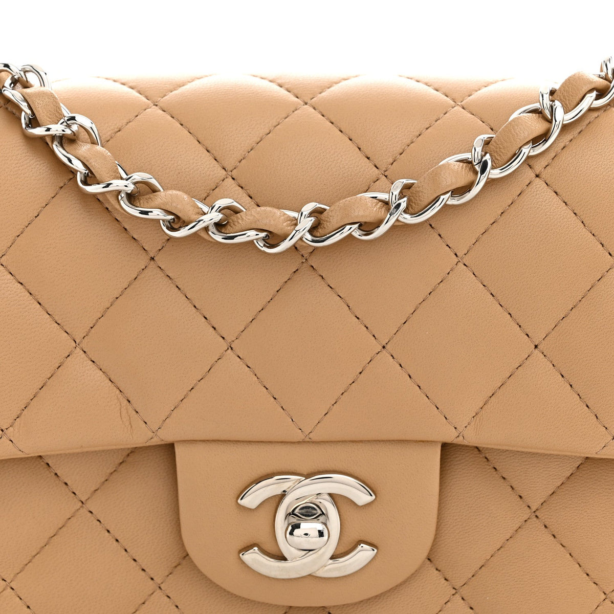Lambskin Quilted Mini Rectangular Flap Dark Beige