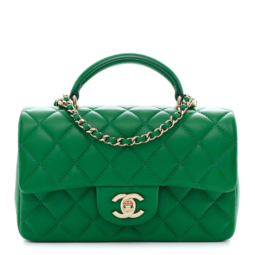Lambskin Quilted Mini Top Handle Rectangular Flap Green