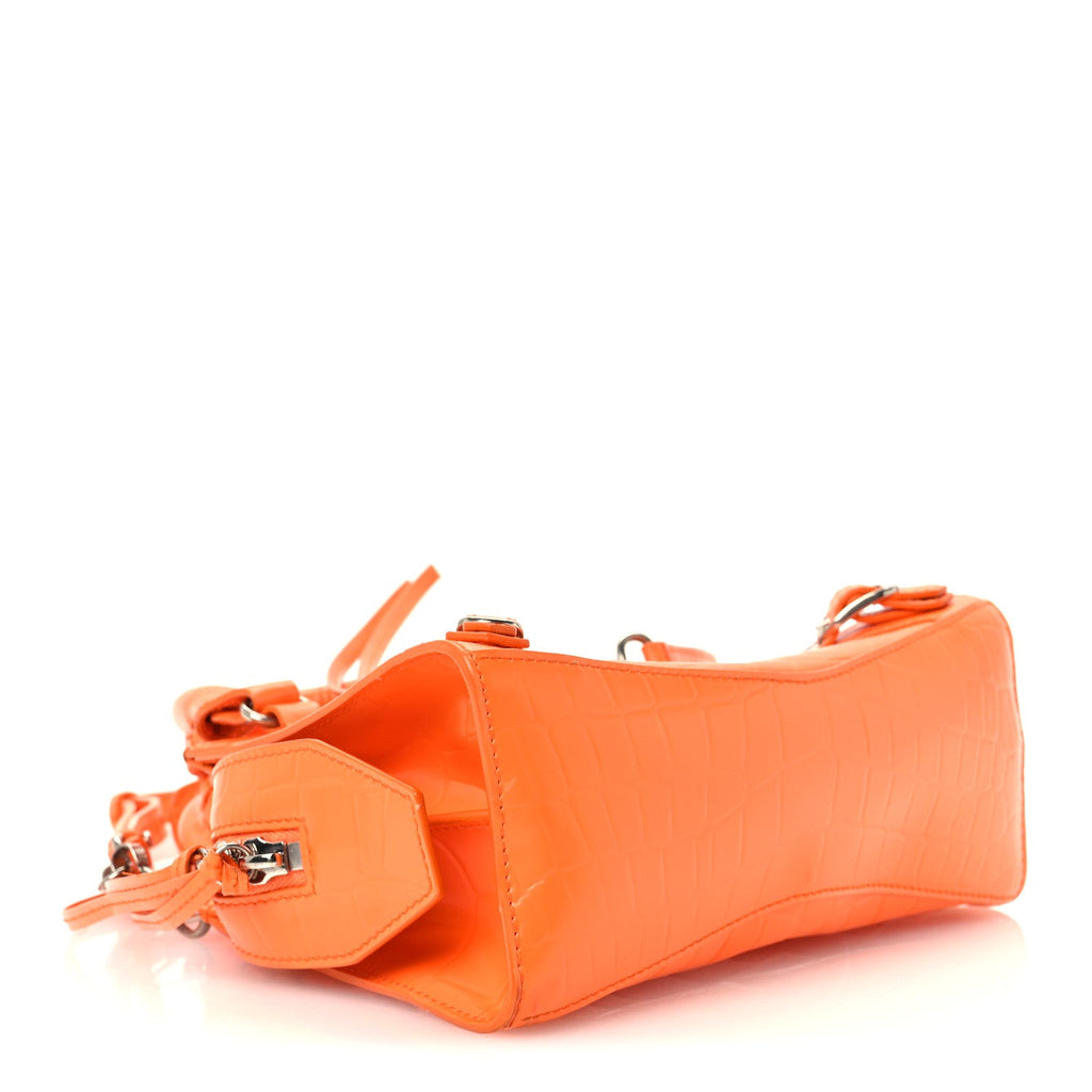 Semi Shiny Calfskin Crocodile Embossed Neo Classic Silver Hardware Mini City Orange