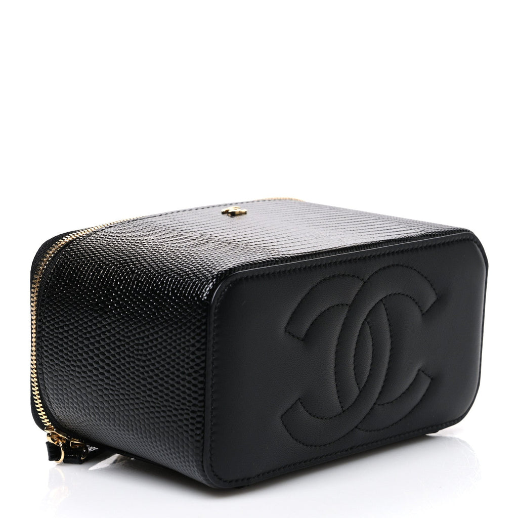 Calfskin Lizard Embossed Top Handle Vanity With Chain Black