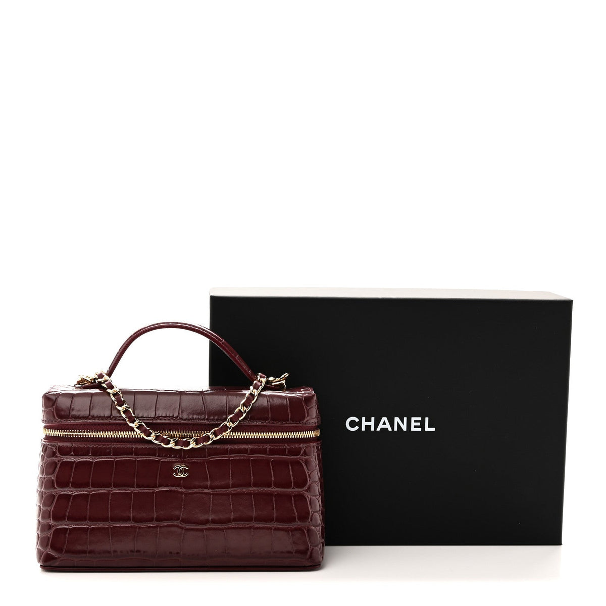 Calfskin Crocodile Embossed Crococo Exoticoco Vanity With Chain Dark Burgundy