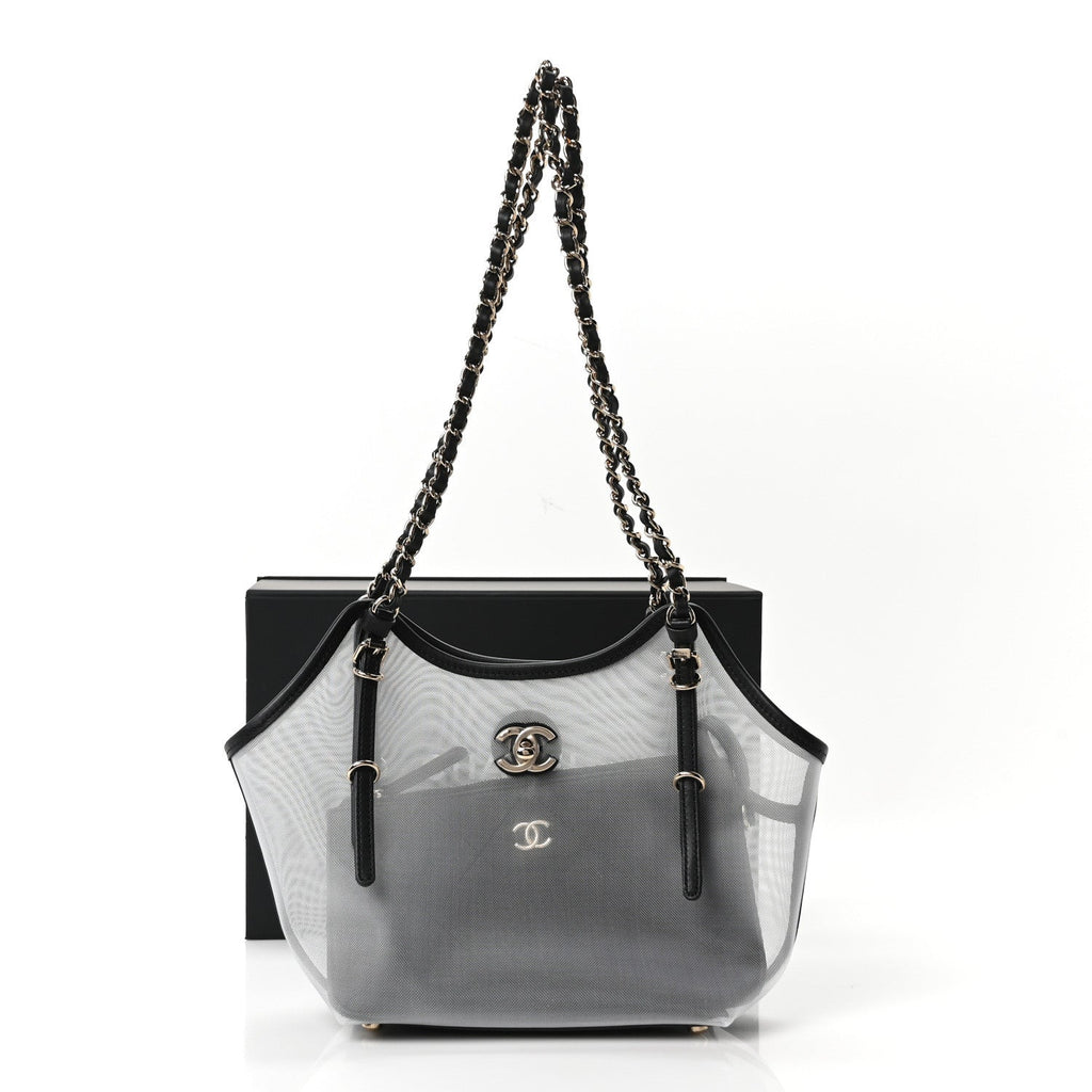 Mesh Calfskin Small Shopping Bag Transparent Black