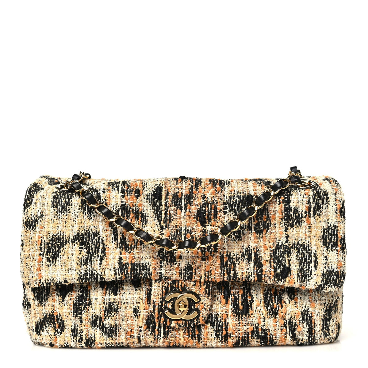 Tweed Mixed Fibers Leopard Print Small Souplissimo Maxi Flap Brown Black White