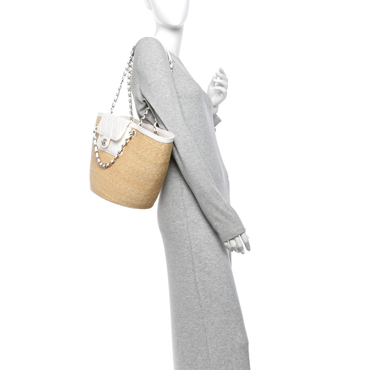Raffia Braided Lambskin Large Wicker Tote Beige White