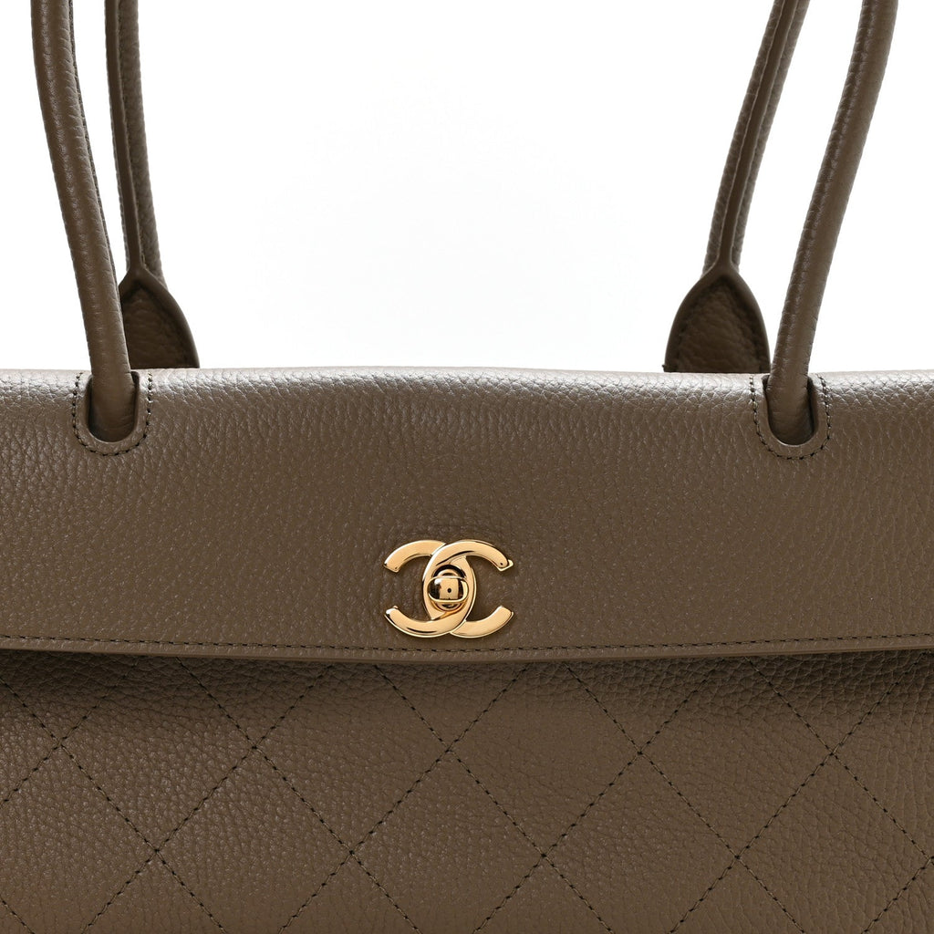 Grained Calfskin Stitched Urban Essentials Small Shopping Bag Dark Khaki