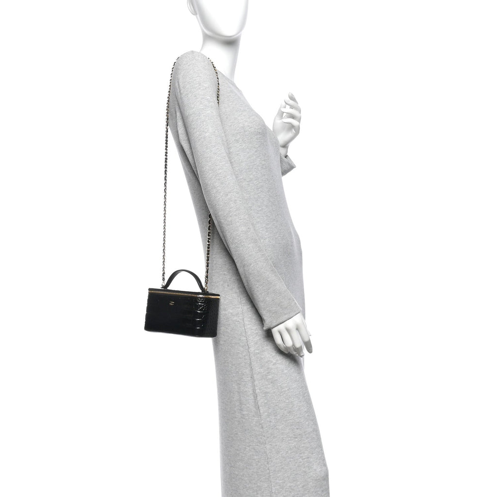 Calfskin Crocodile Embossed Crococo Small Top Handle Vanity Case With Chain Black