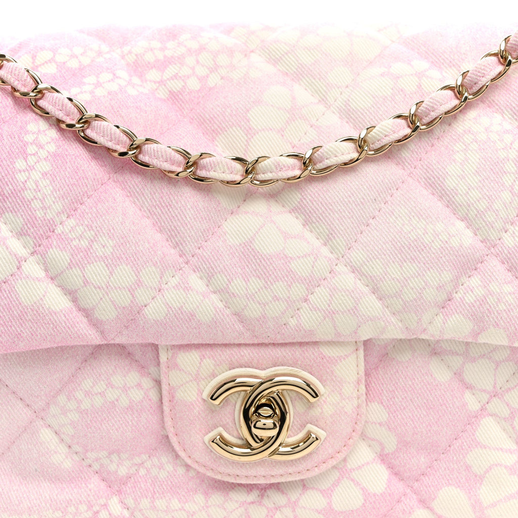 Printed Denim Quilted Maxi Single Flap Bag Pink White