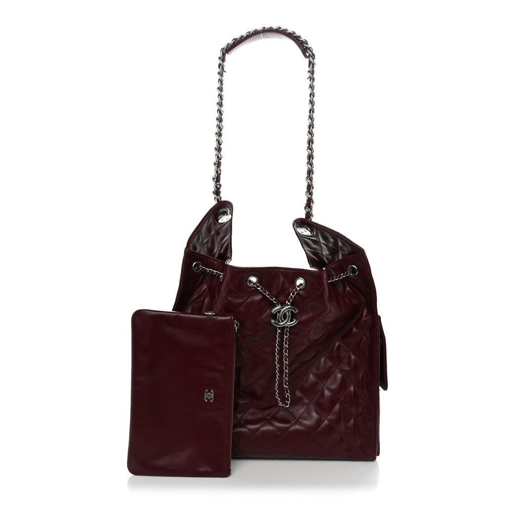 Shiny Crumpled Calfskin Quilted Medium Chanel 25 Handbag Dark Burgundy
