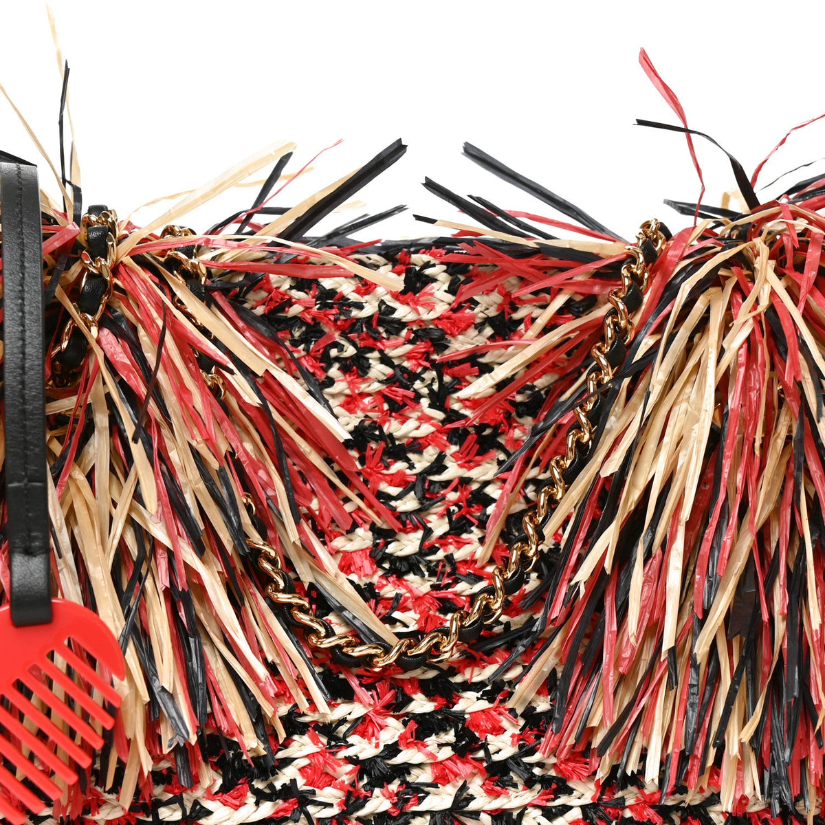 Raffia Fringe Mini Shopping Bag Red Light Beige Black