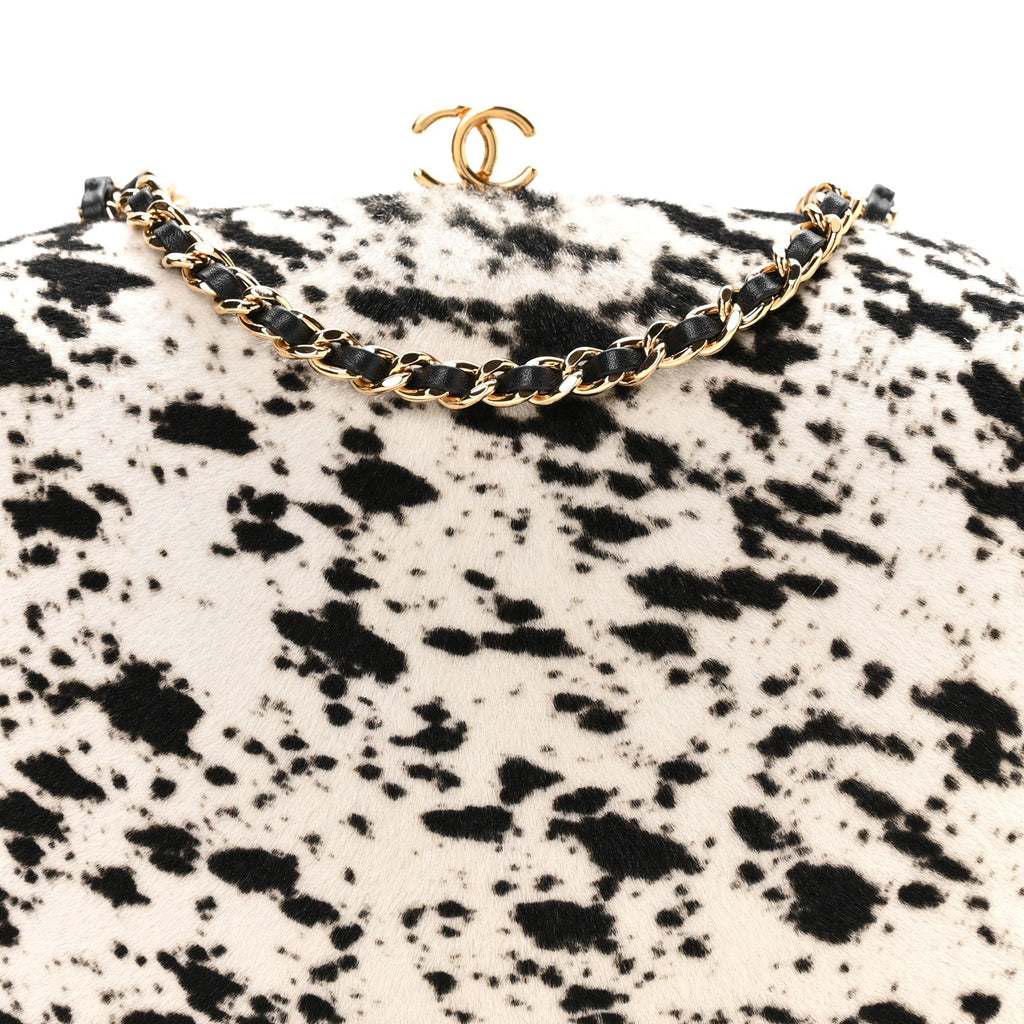 Lambskin Pony Hair Printed Clutch With Chain Black White