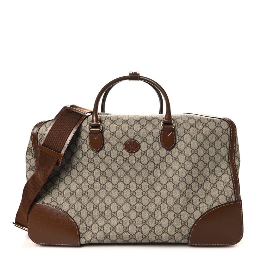 GG Supreme Monogram Azalea Calfskin Retro Interlocking G Large Duffle Bag Beige Ebony Brown Sugar