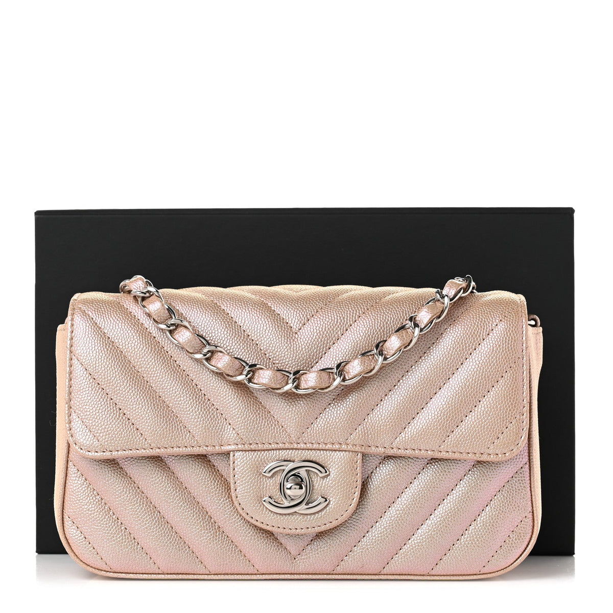 Iridescent Caviar Chevron Quilted Mini Rectangular Flap Light Gold