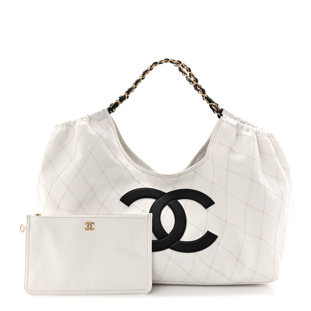 Denim Calfskin Quilted Coco Beach Small Shopping Tote White Black