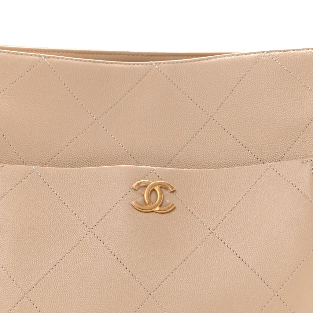Caviar Stitched Pocket CC Large Tote Beige