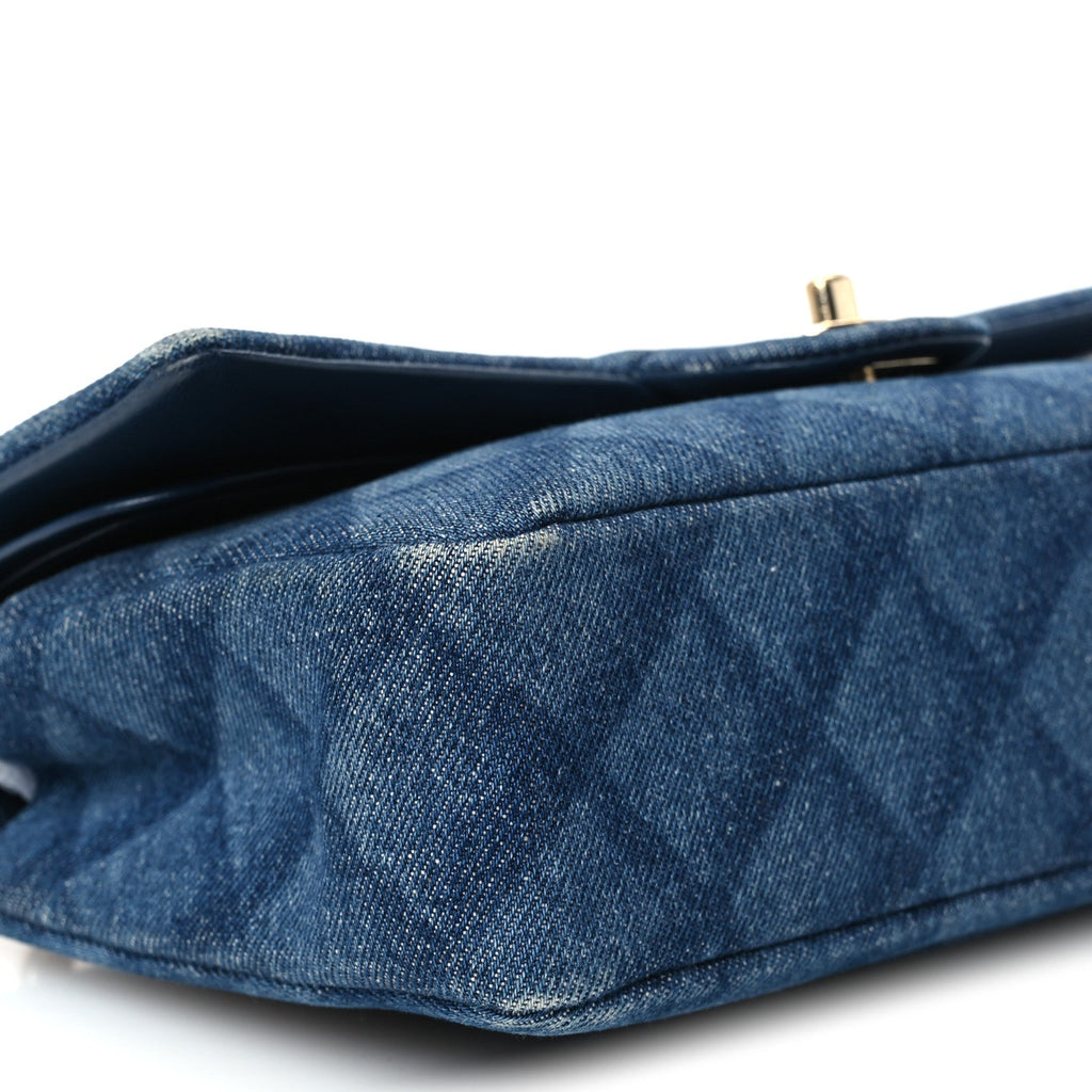 Printed Denim Quilted Medium Double Flap Dark Blue