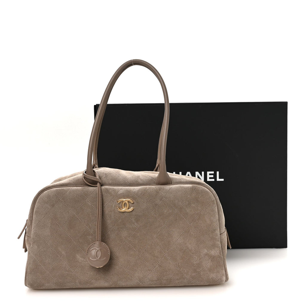 Suede Calfskin Large Perfect Bowling Bag Dark Beige