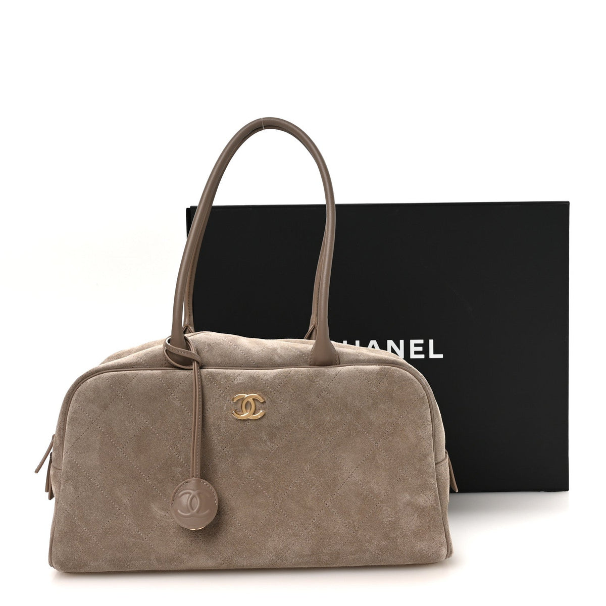 Suede Calfskin Large Perfect Bowling Bag Dark Beige