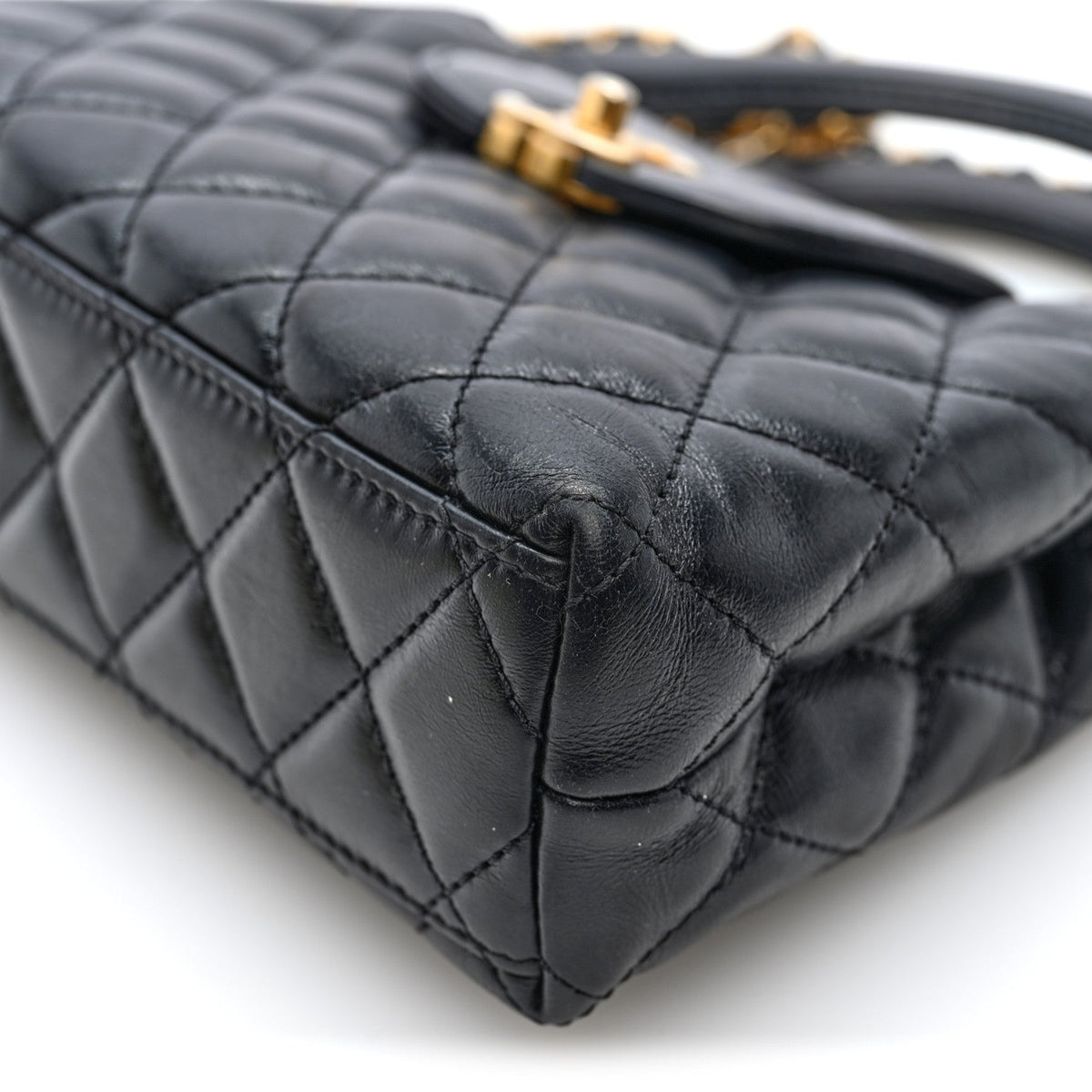 Shiny Aged Calfskin Quilted Mini Kelly Shopper Black