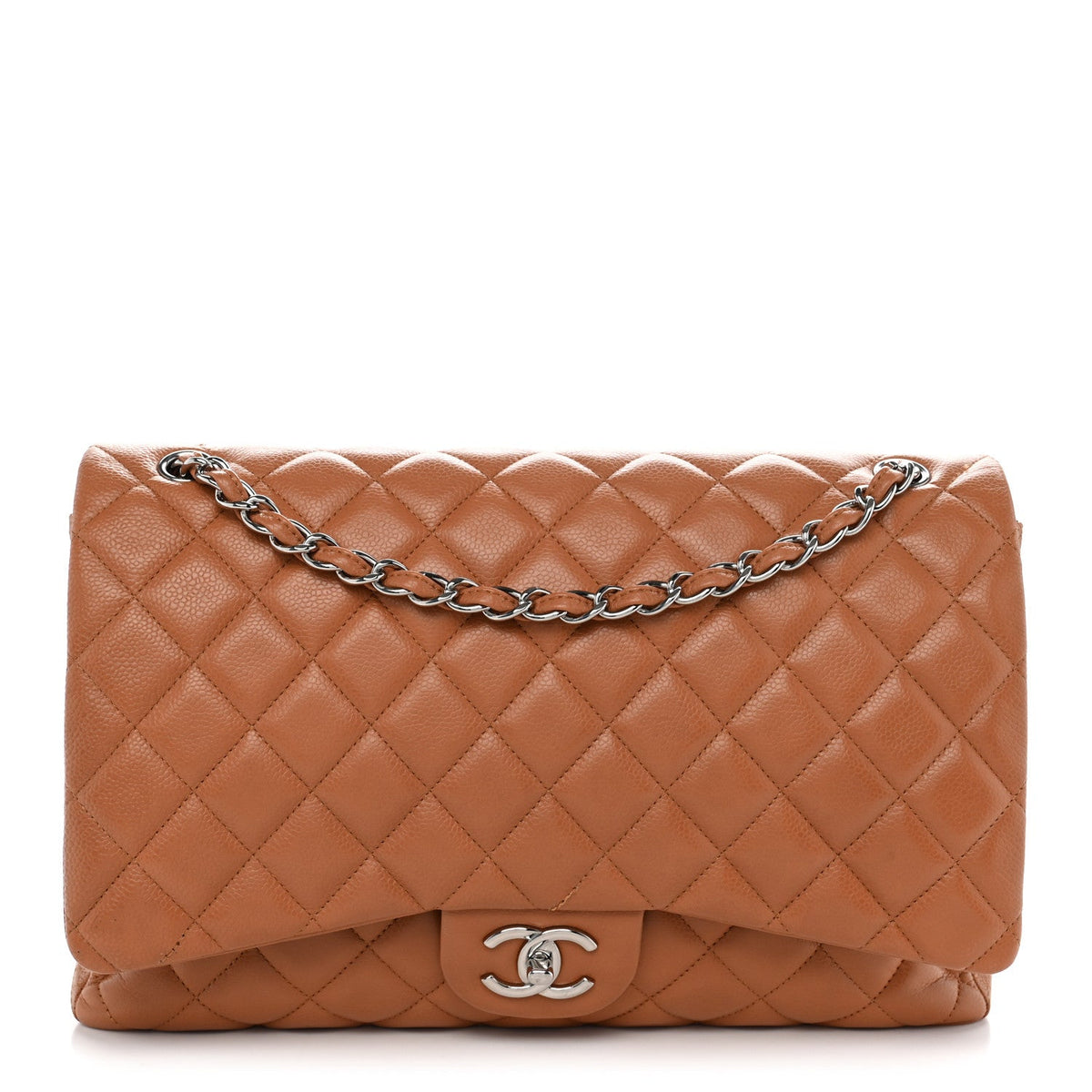 Caviar Quilted Maxi Double Flap Light Brown