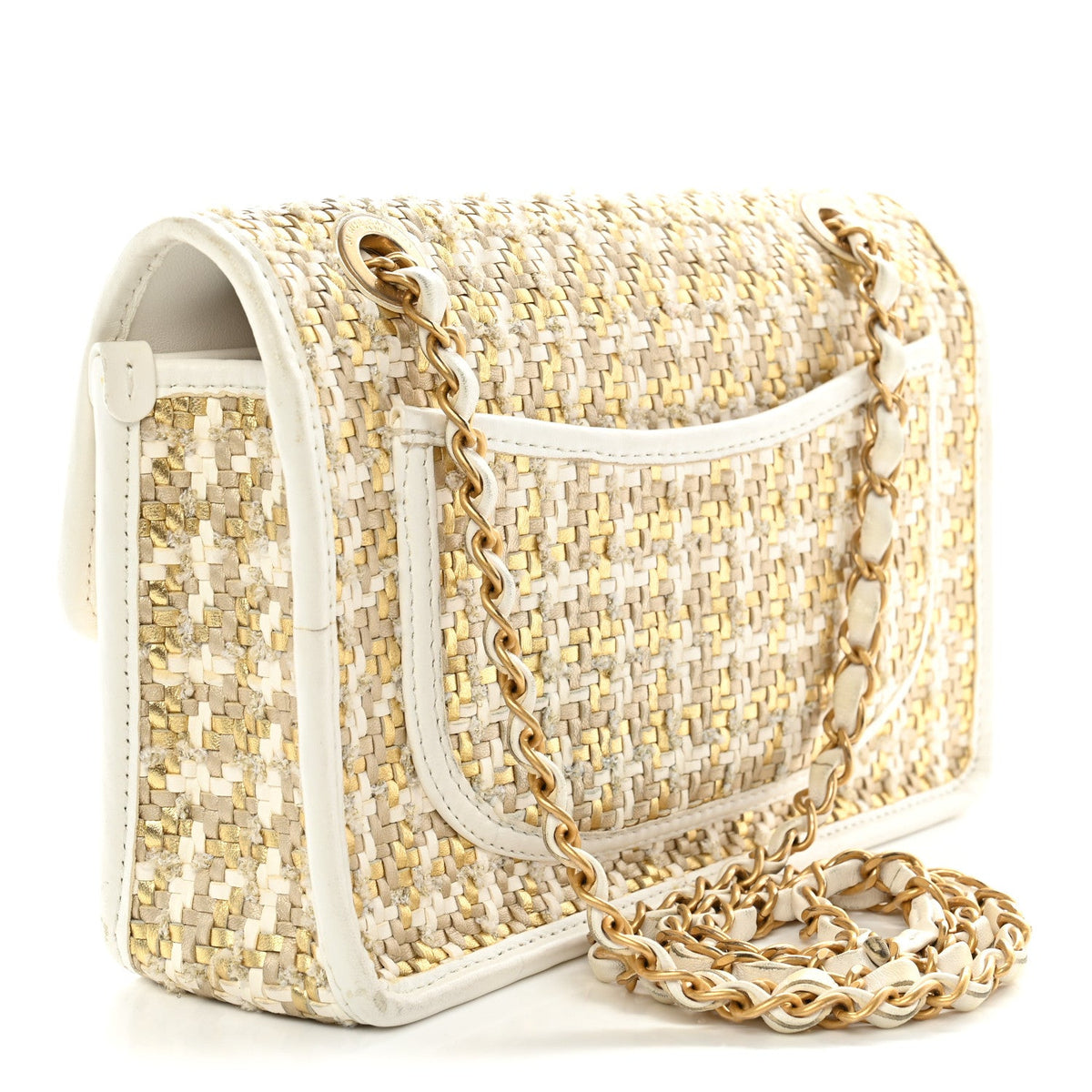 Metallic Lambskin Viscose Woven Flap Gold White