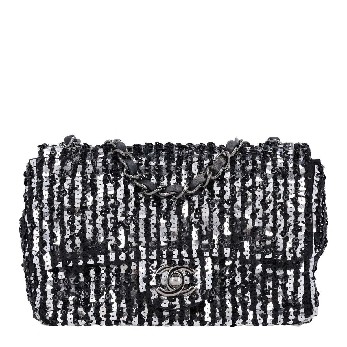 Sequin Lambskin Small Flap Black Silver