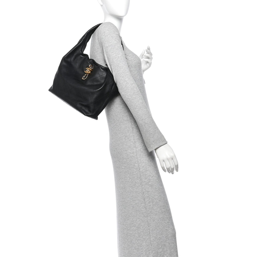 Calfskin Quilted Maxi Hobo Black