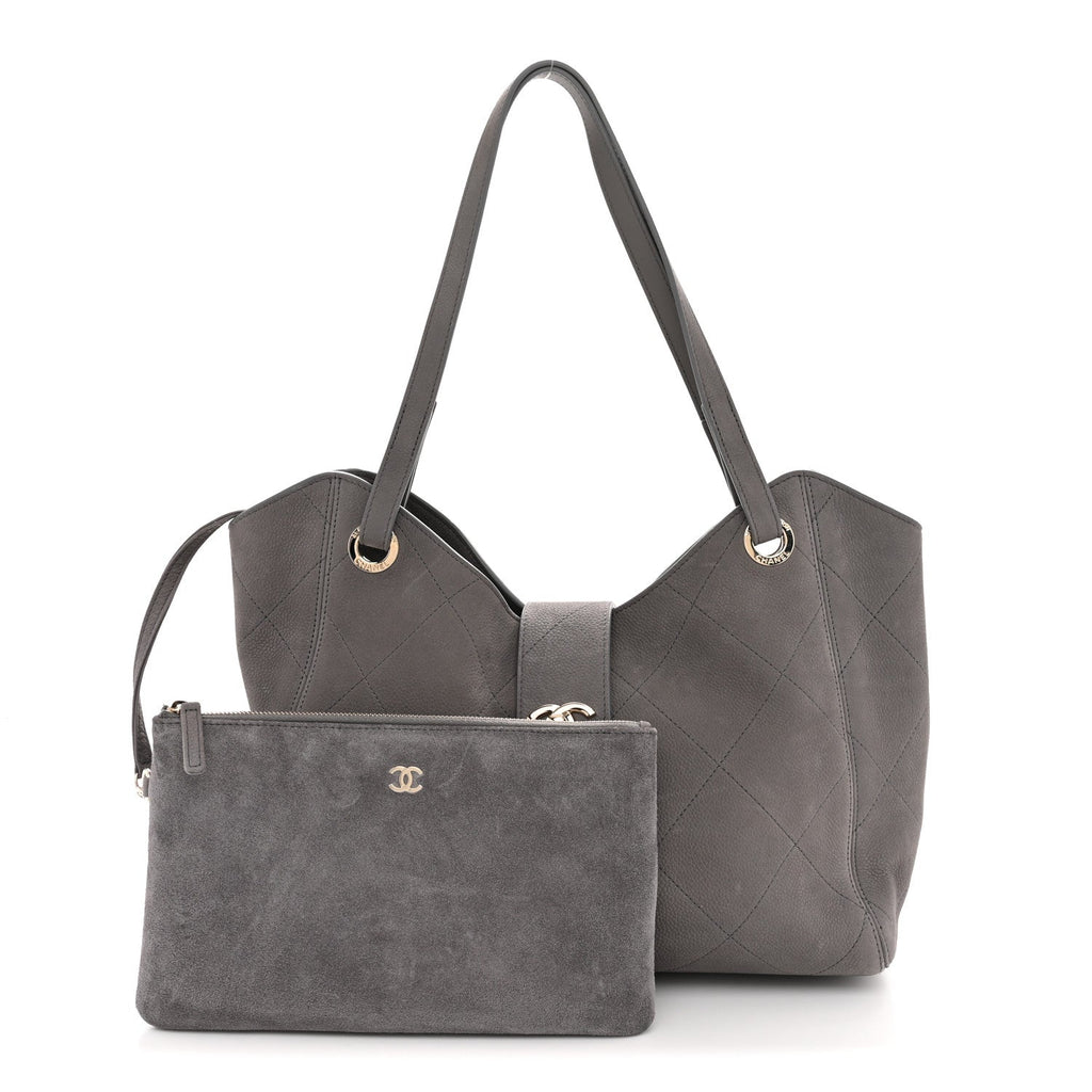 Nubuck Caviar Quilted Large Shopping Bag Grey