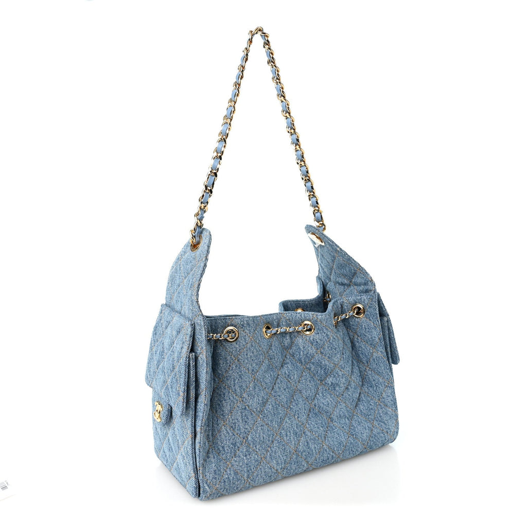 Denim Quilted Small Chanel 25 Handbag Blue