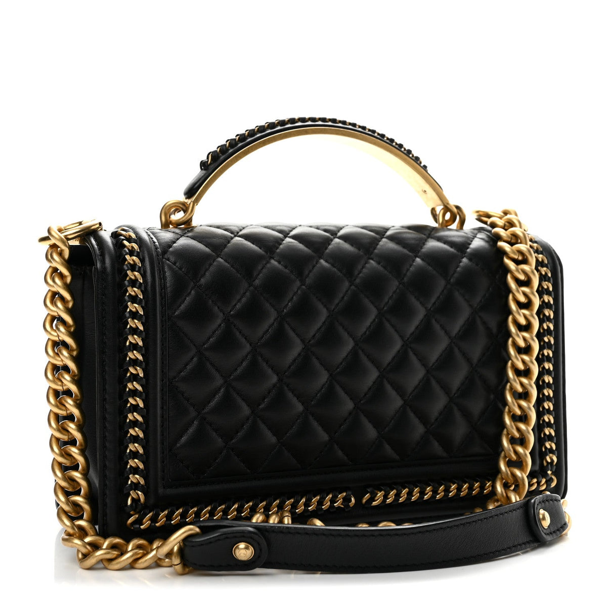 Lambskin Quilted Medium Top Handle Boy Flap Black