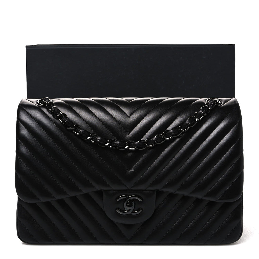 Lambskin Chevron Quilted Jumbo Double Flap So Black