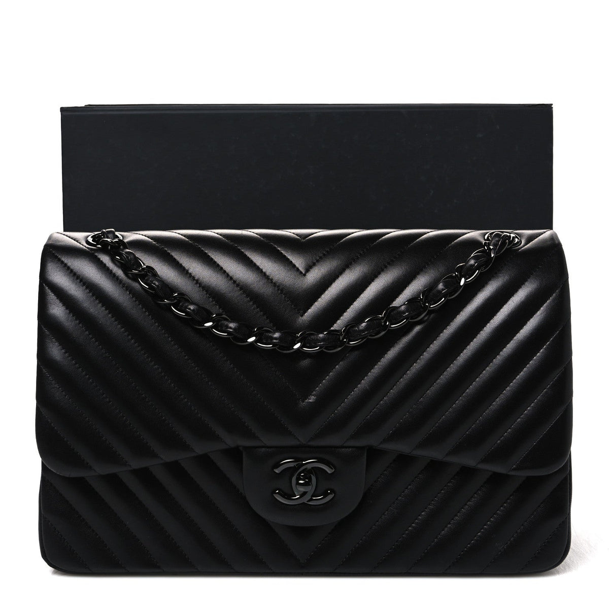Lambskin Chevron Quilted Jumbo Double Flap So Black
